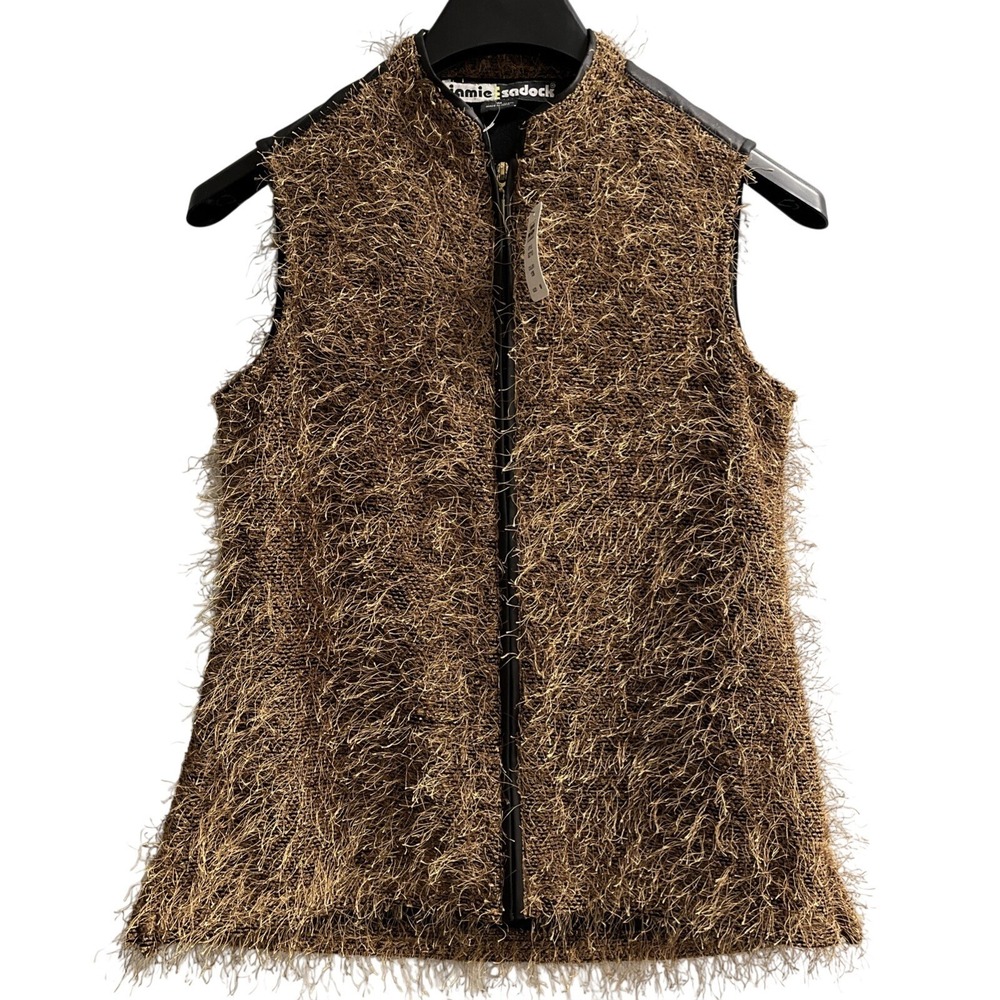 Jamie Sadock Vest Womens M Brown Faux Fur Fuzzy Layered Mesh Full Zip Artsy